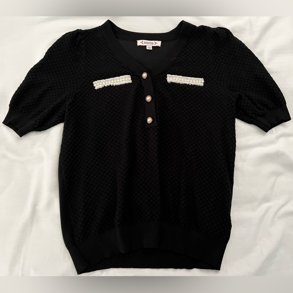 Nanette Lepore Black Button Down Top with Pearl Accents